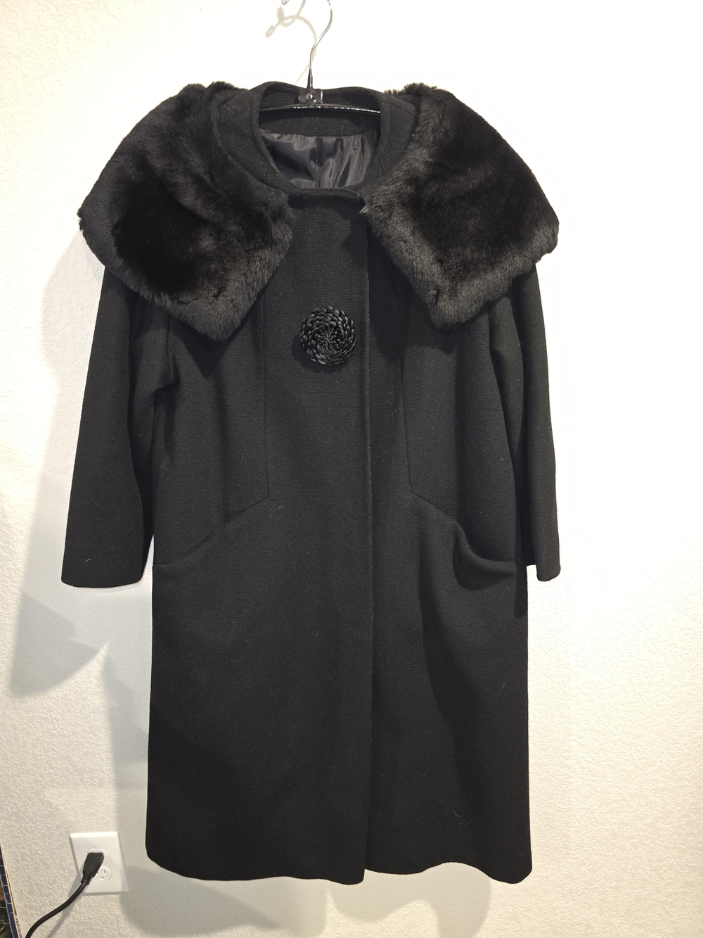 Vintage 1960s Black Wool Faux Fur Collar Overcoat - ILGWU Union Made